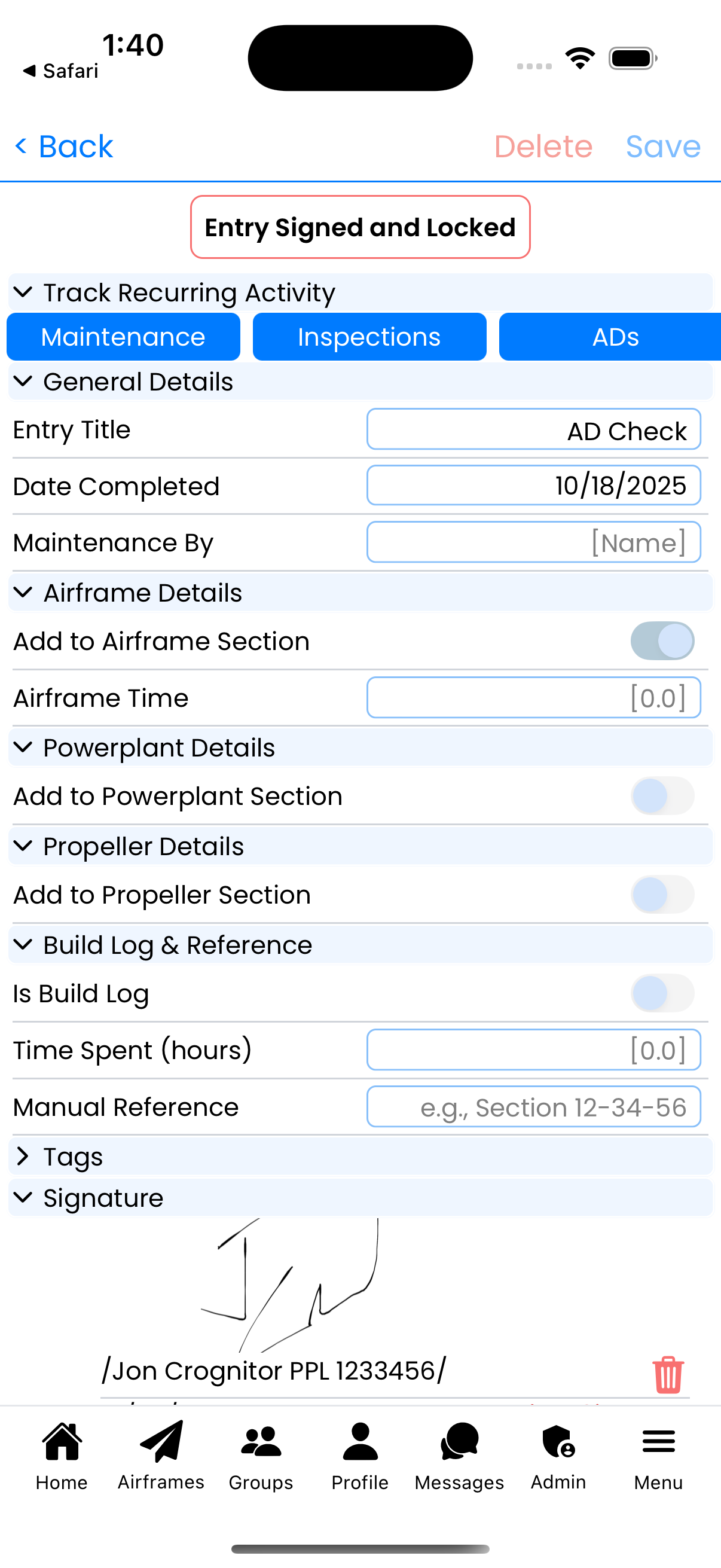 Signed maintenance log entry showing all required fields with locked status