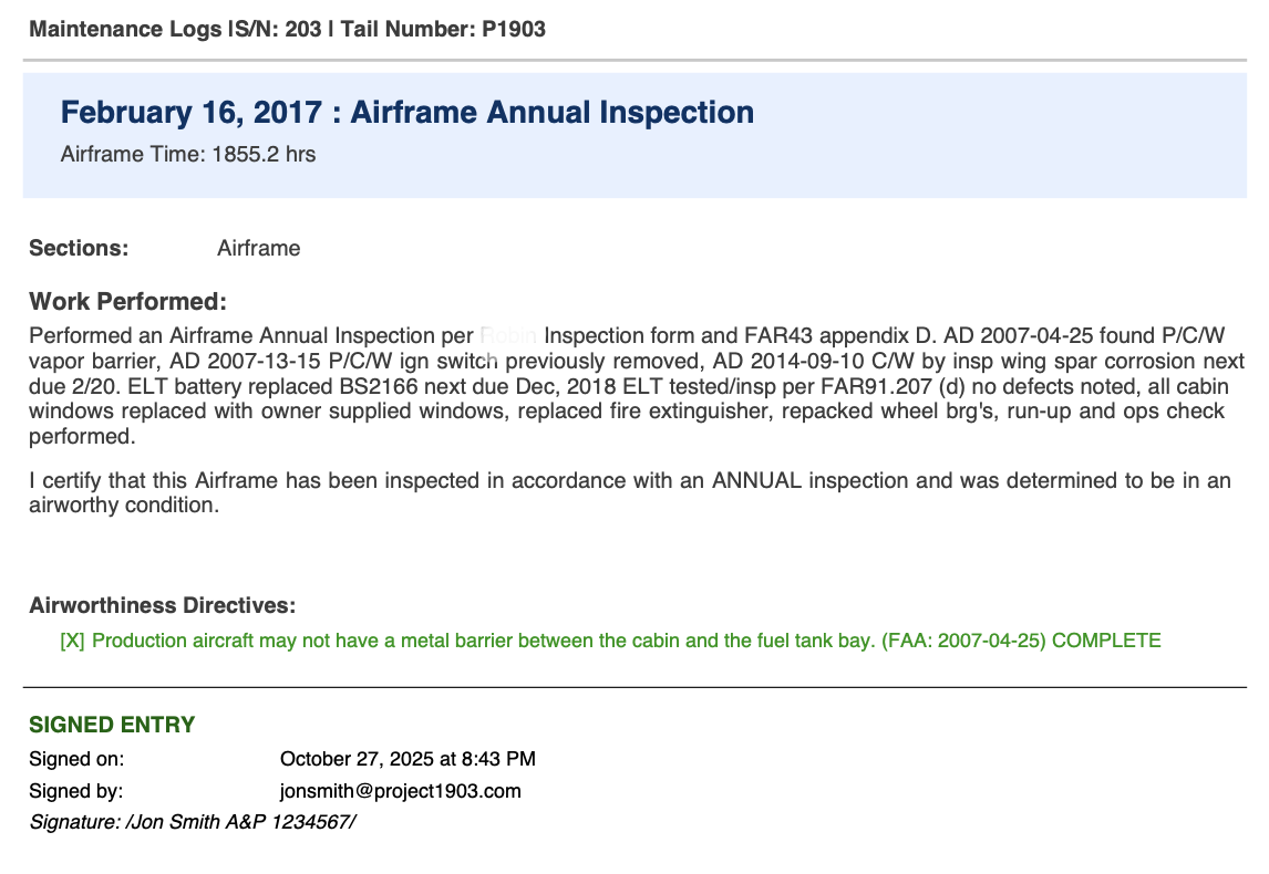 PDF export showing logbook entry with complete digital signature verification