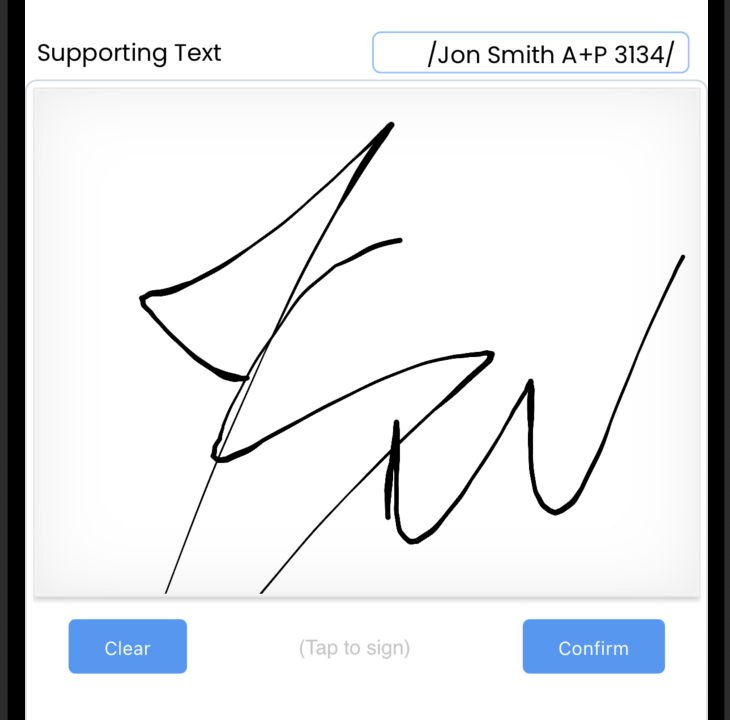 Digital signature interface showing A&P certificate number, timestamp, and signature prompt